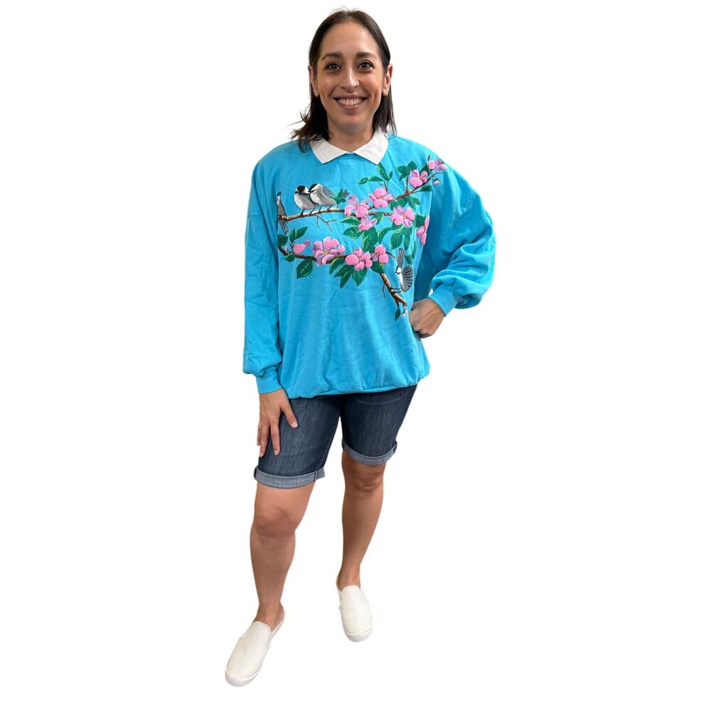 Vintage 90s Haband for Her Collared Blue Crewneck Floral and Bird Puffy Print